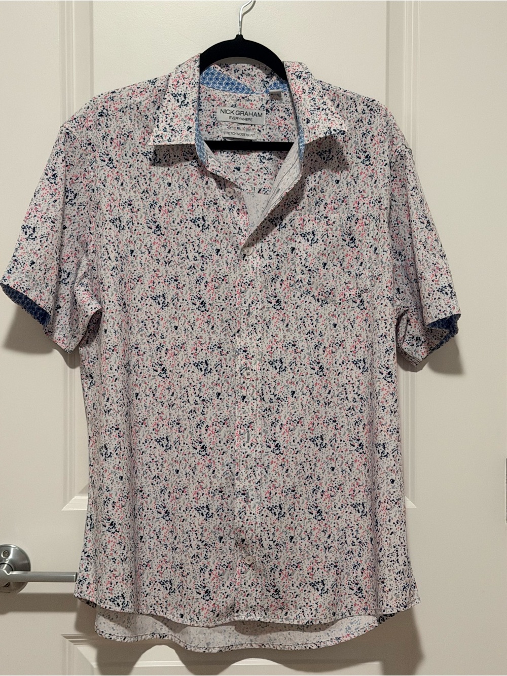 Men’s Short Sleeve Floral Button-Up Shirt - White with Pink & Blue